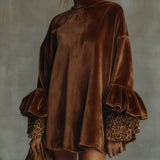 LILY VELVET MINI DRESS WITH LEOPARD PRINT, RUFFLED CUFFS AND HEM