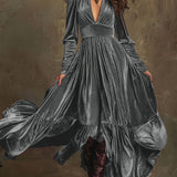 SERAFINA | RETRO OVERSIZED SKIRT LONG DRESS WITH DEEP V-NECK