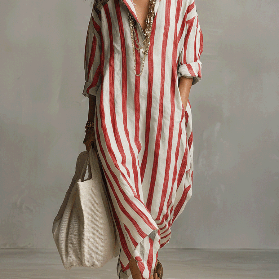 Casual Striped Shirt Bohemian Style Maxi Dress