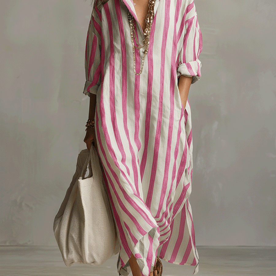 Casual Striped Shirt Bohemian Style Maxi Dress