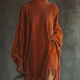 MIRA ORANGE CORDUROY DRESS WITH FRINGED HEM AND HIGH COLLAR