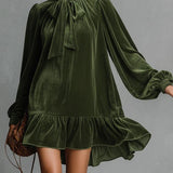 AVA LOOSE-FITTING VELVET MINI DRESS WITH NECKLINE BOW