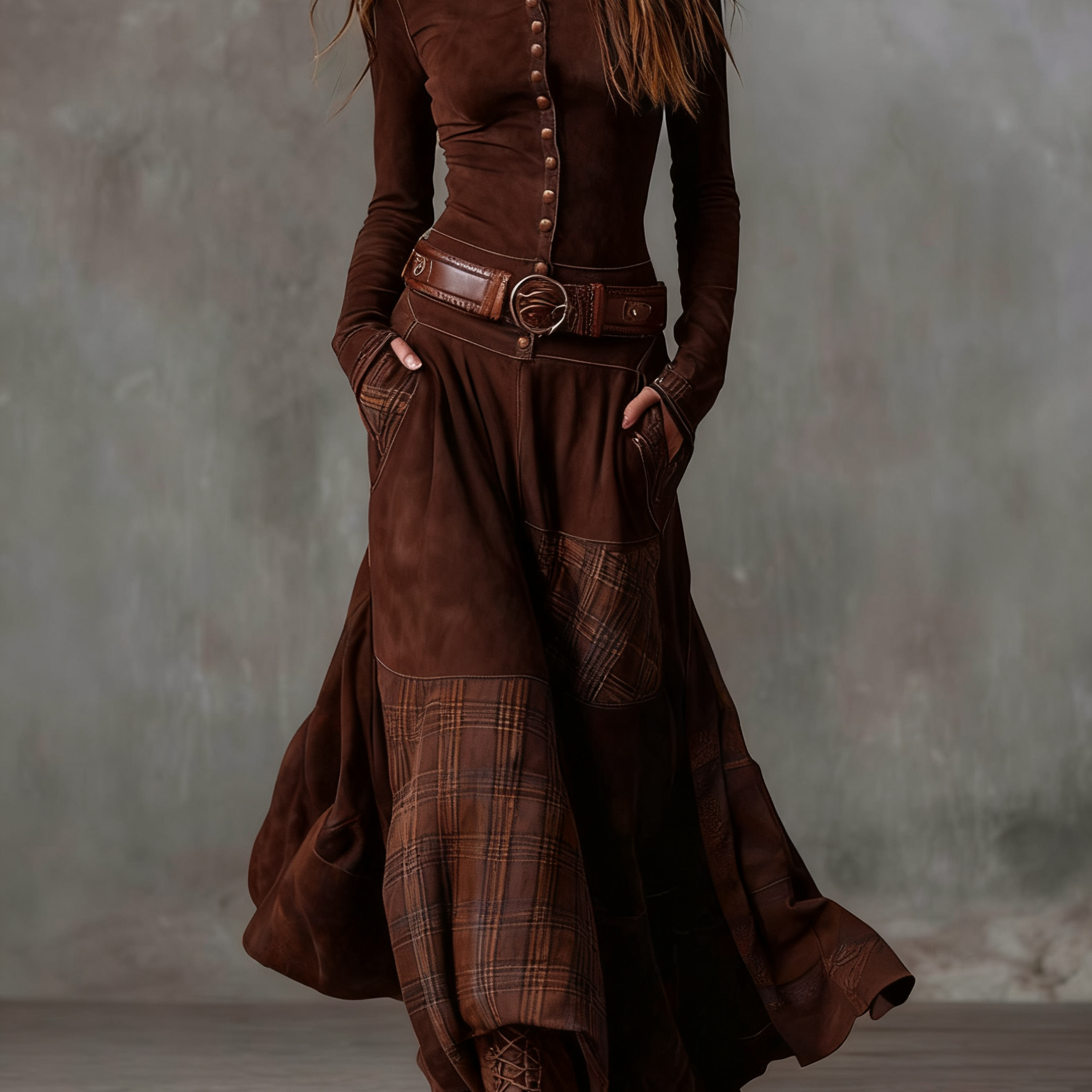 LEONE | VINTAGE LONG SUEDE CHECKERED DRESS (INCLUDES BELT)