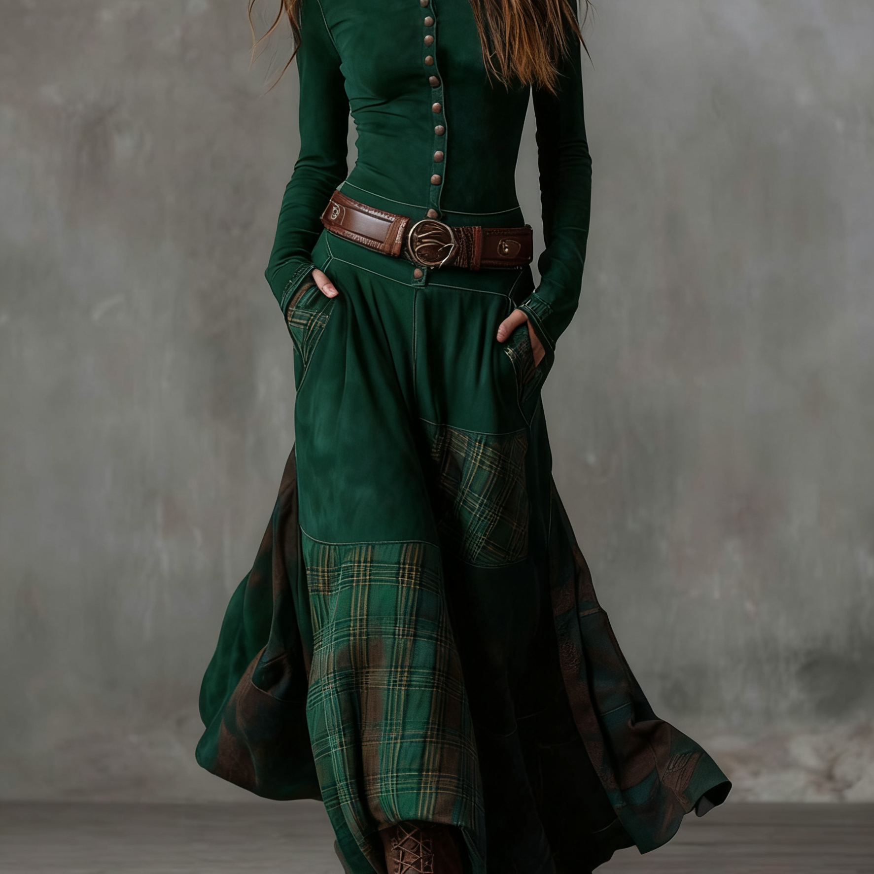 LEONE | VINTAGE LONG SUEDE CHECKERED DRESS (INCLUDES BELT)