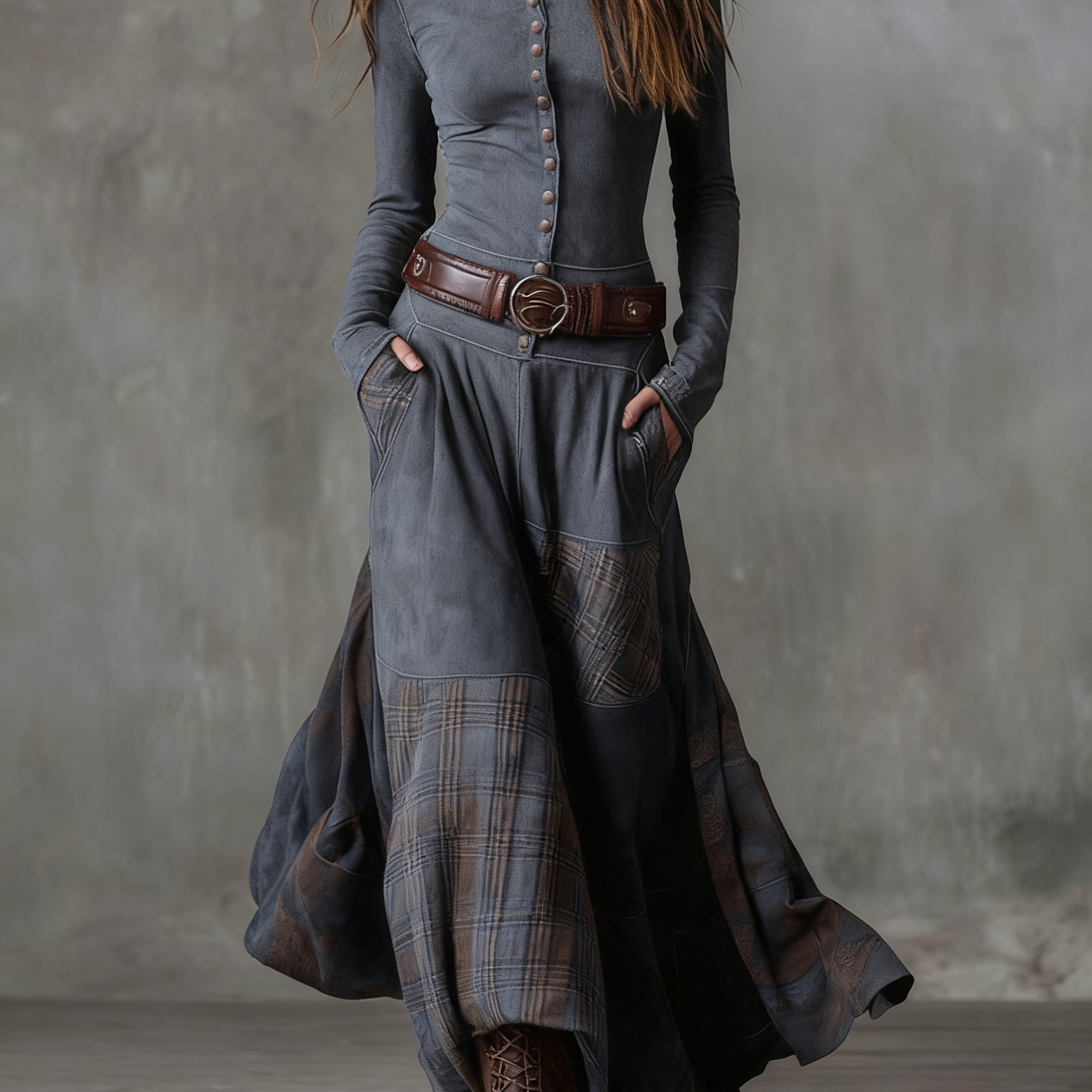 LEONE | VINTAGE LONG SUEDE CHECKERED DRESS (INCLUDES BELT)