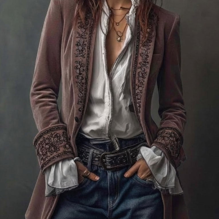 Erica | Long Vintage Velvet Jacket with Embroidery
